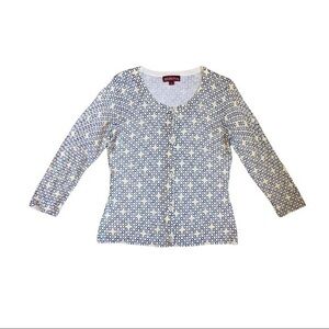 Merona size medium button up cardigan, round neck, soft, black & yellow circles